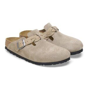 Birkenstock Shoes Boston Braided Taupe Suede Leather Clogs